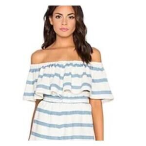 Mara Hoffman Off the shoulder Ruffle White Blue Striped Cotton Top Large Coastal